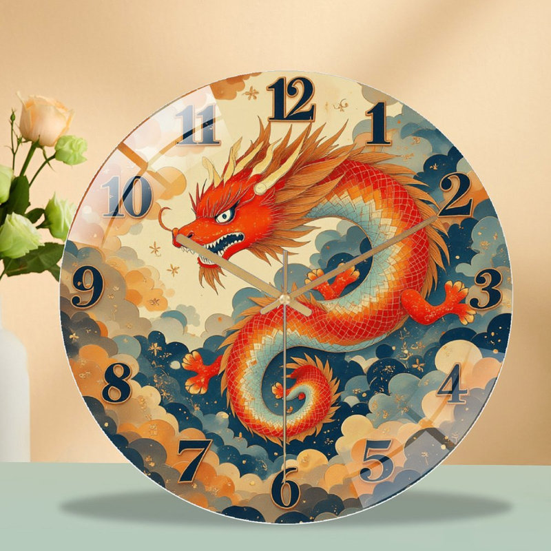 Vintage Dragon Wall Clock Art Home Decor Art - 12'' Modern Glass Wall Clock