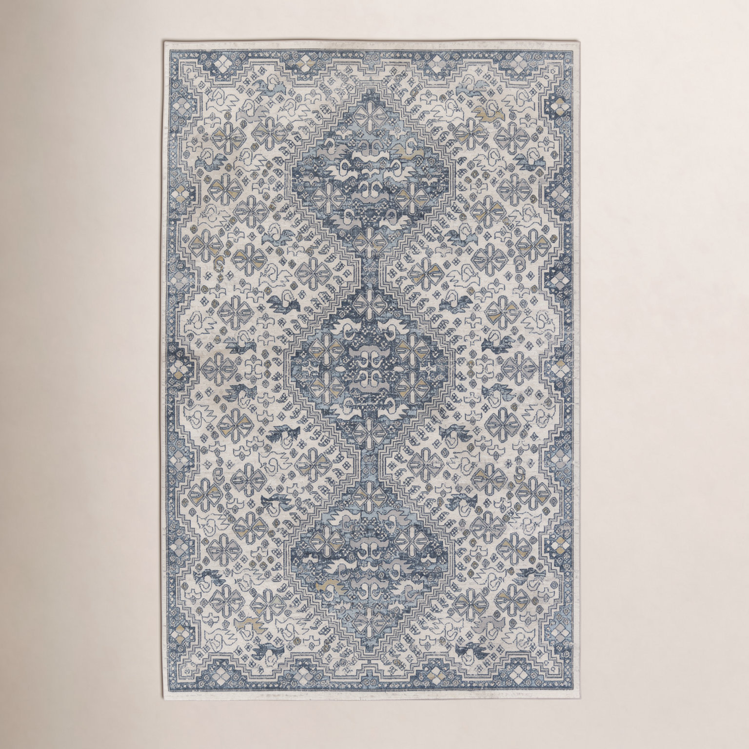 Phoebe Cream Blue Machine Washable Oriental Rug, Rectangle 2' x 3'