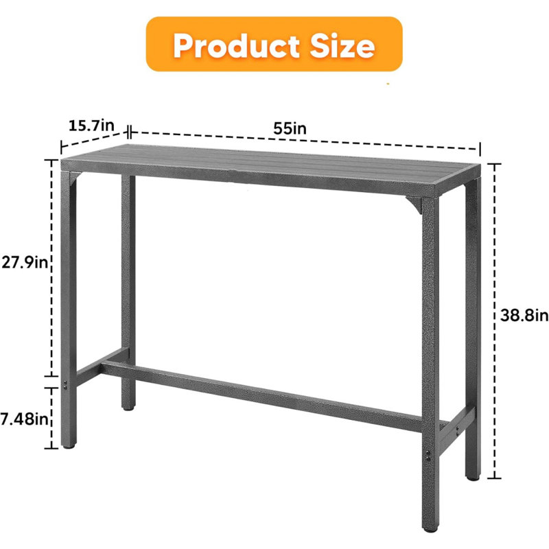 Outdoor Bar Table Patio High Pub Table 55”L Counter Height Table With Waterproof Top And Sturdy Metal Frame For Hot Tub/Poolside/Garden/Balcony/Hallway/Bistro, Rectangle, Black