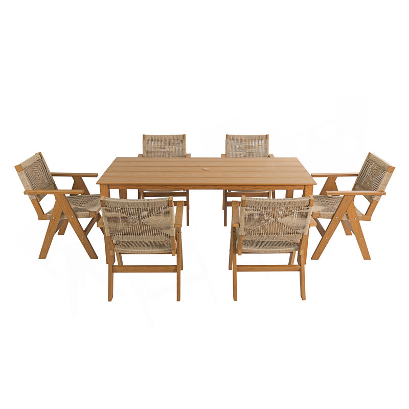 Table de salle à manger d'extérieur avec trou pour parasol, matériau durable de la hanche et conception minimaliste pour une utilisation intérieure et extérieure.