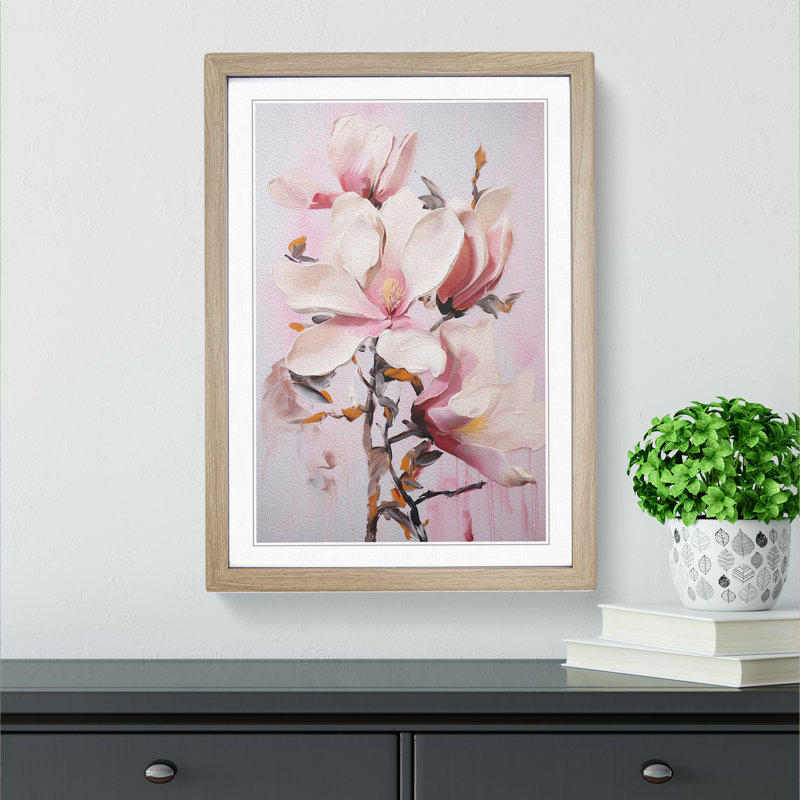 Magnolia Flower Action Painting No.2 - Single Picture Frame Print on Wood, 64cm H x 46cm W x 2cm D, Oak Framed