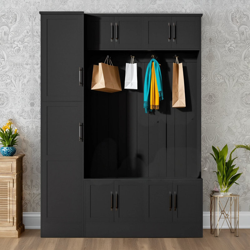 Portemanteau noir de 79 pouces pour le couloir / salon, design 4 en 1 avec banc d'entrée, armoire à chaussures + 6 armoires + 4 crochets à manteau + tablettes réglables, pratique et peu encombrant