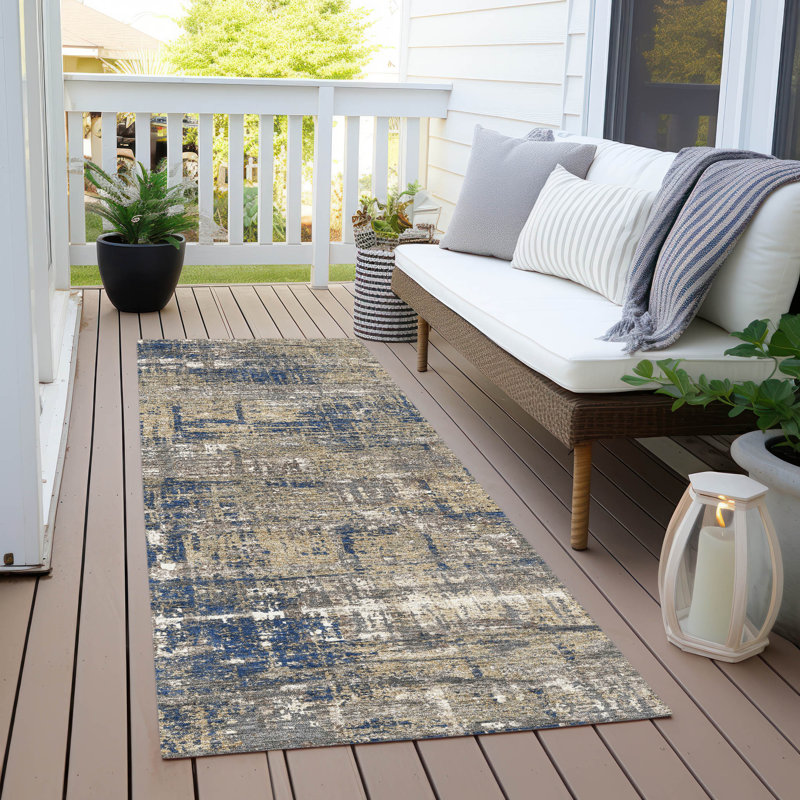 Tapis bleu marine Xhevrie intérieur / extérieur lavable à la machine, Tapis de couloir 2 pi 3 po x 7 pi 6 po