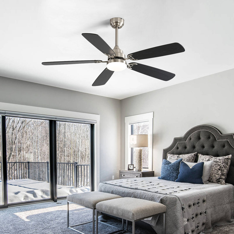Modern 52 Inch Led Ceiling Fan With 110V 6 Speed Wind 5 Blades Remote Control Reversible DC Motor With Light, Black
