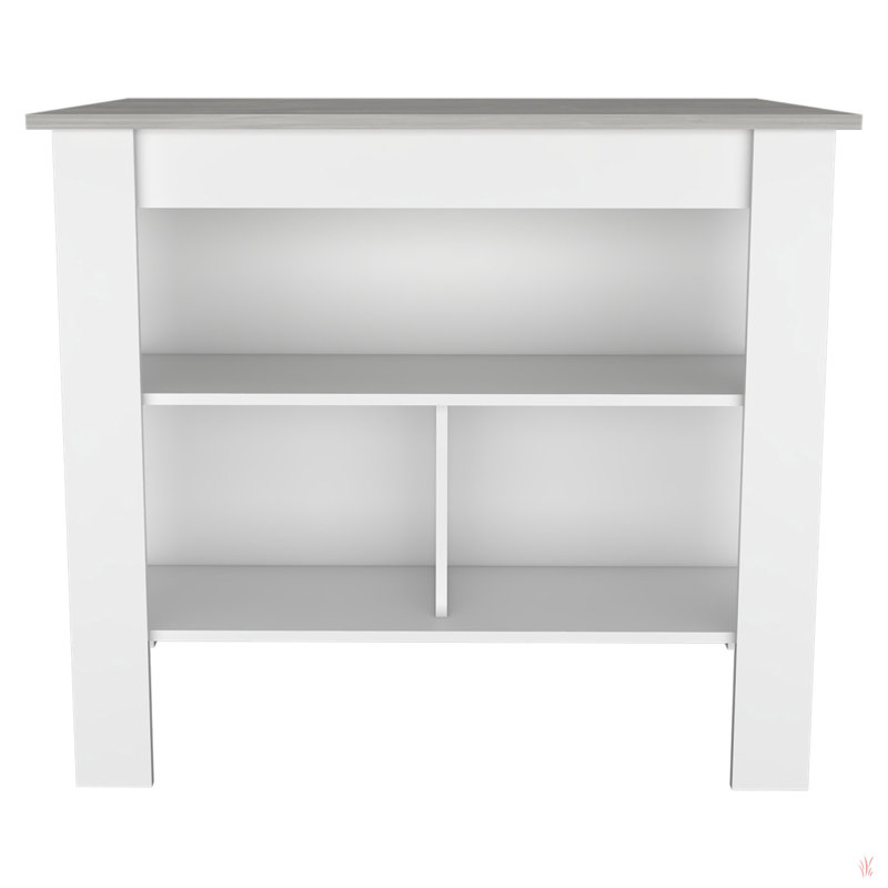 Îlot de cuisine, quatre pieds, trois tablettes, Gris clair, Blanc