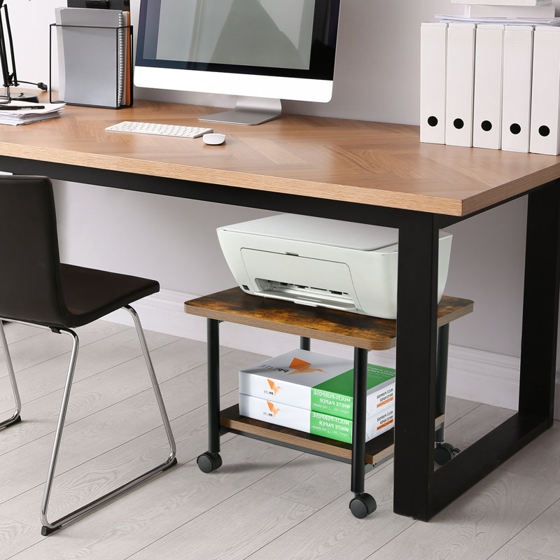 Brown 2-Tier Rolling Under Desk Printer Stand with Storage Shelves