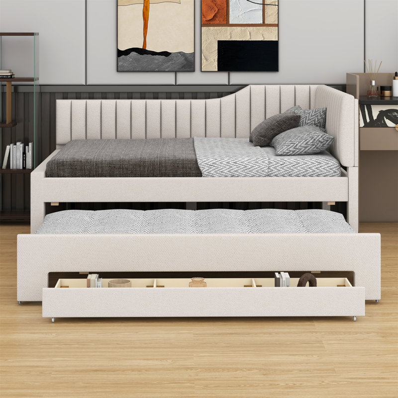 Lit de jour rembourré avec lit gigogne et trois tiroirs, Beige, Double