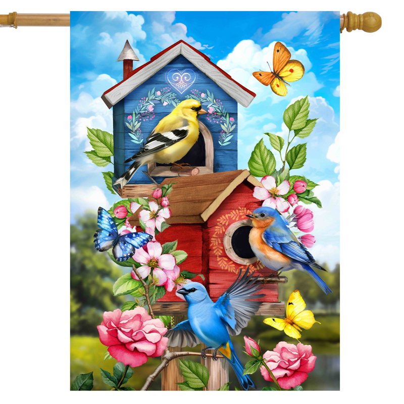 Drapeau floral maison d'oiseaux, Oiseaux bleus/rouges/roses