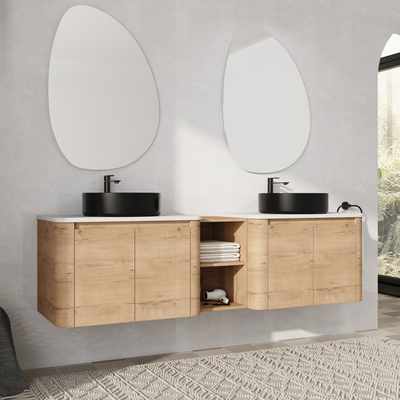   Meuble-lavabo mural double avec lavabo en céramique, 72", Noir