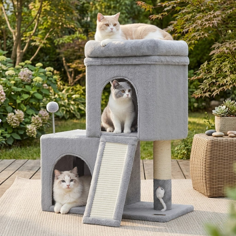 Petit arbre à chat avec 2 condos et souris, tour confortable de 24 po avec poteau à griffer et tableau pour chatons et petits chats, gris clair, 22 x 13 x 28 po