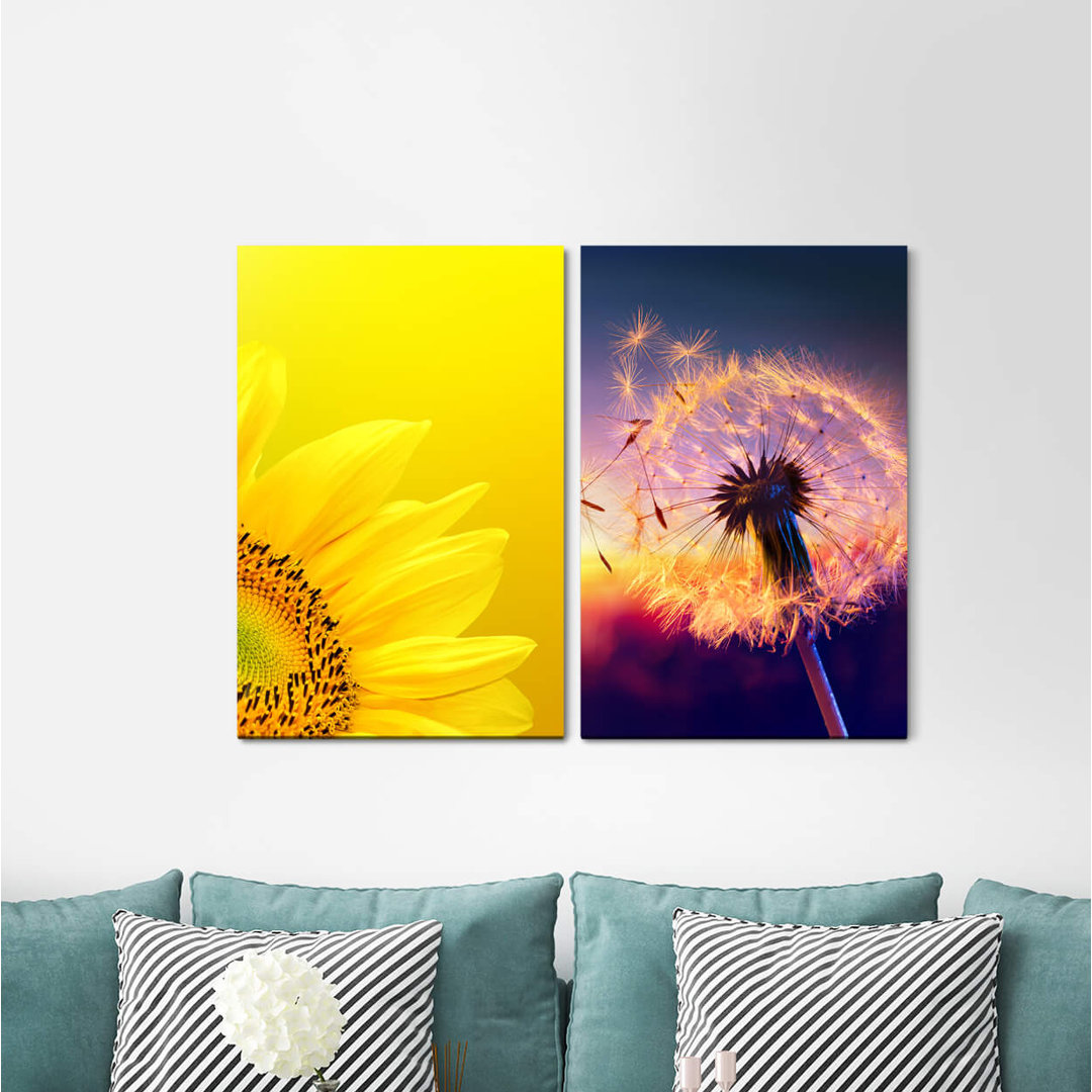 2-tlg. Leinwandbilder-Set - Grafikdruck „Sunflower Yellow Summer Twilight Dandelion”