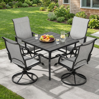 Ensemble de salle à manger de patio 5 pièces avec trou pour parasol et chaises pivotantes en textilène