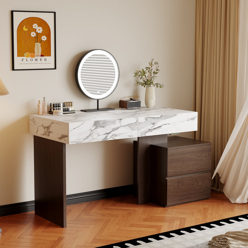 Coiffeuse moderne de 58,5 po de large avec 4 tiroirs de rangement, Blanc montagne enneigée