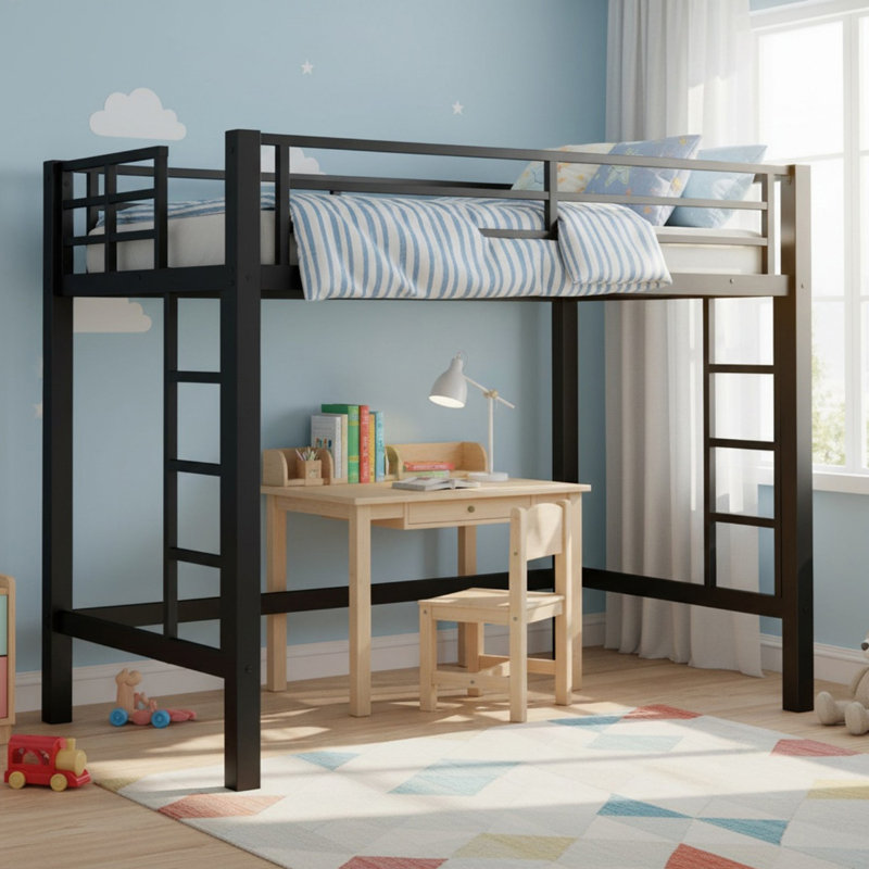 Twin Size Metal Loft Bed, Loft Bed with Easy Climbing Ladder and Guardrails for Bedroom, Twin
