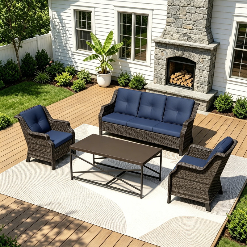 Ensemble de conversation de patio en osier 4 pièces avec canapé 3 places, 2 chaises, table basse et coussin bleu, Bleu