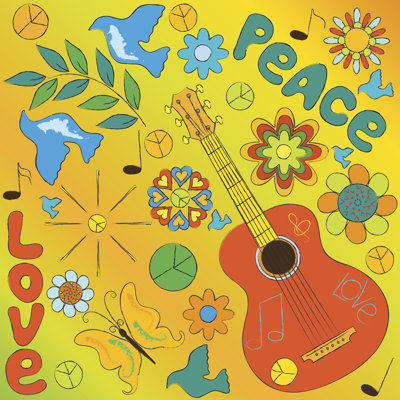 hippie symbols on a yellow background 1 Piece Wrapped Canvas Wall Art