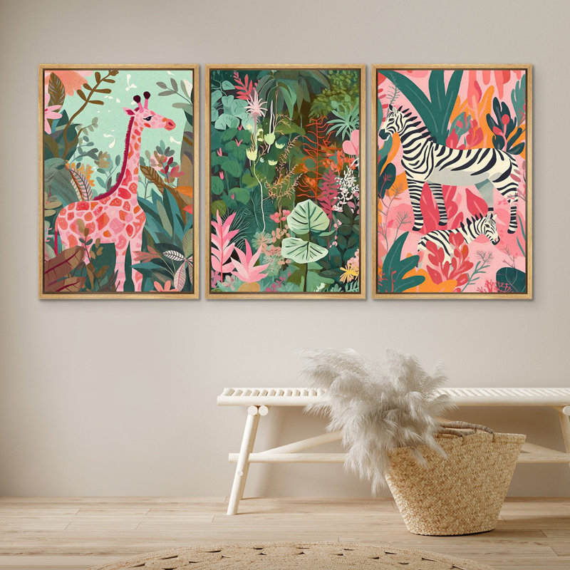 «Bright Preppy Animals» Dreamy Safari, rose, vert, animal, œuvre d'art, Cadre naturel flottant, H 24 po x l 48 po