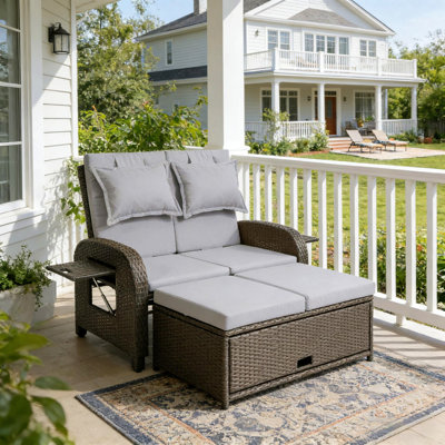 3-In-1 Convertible Design Reclining Sofa,Wicker Outdoor Daybed,Rattan Daybed