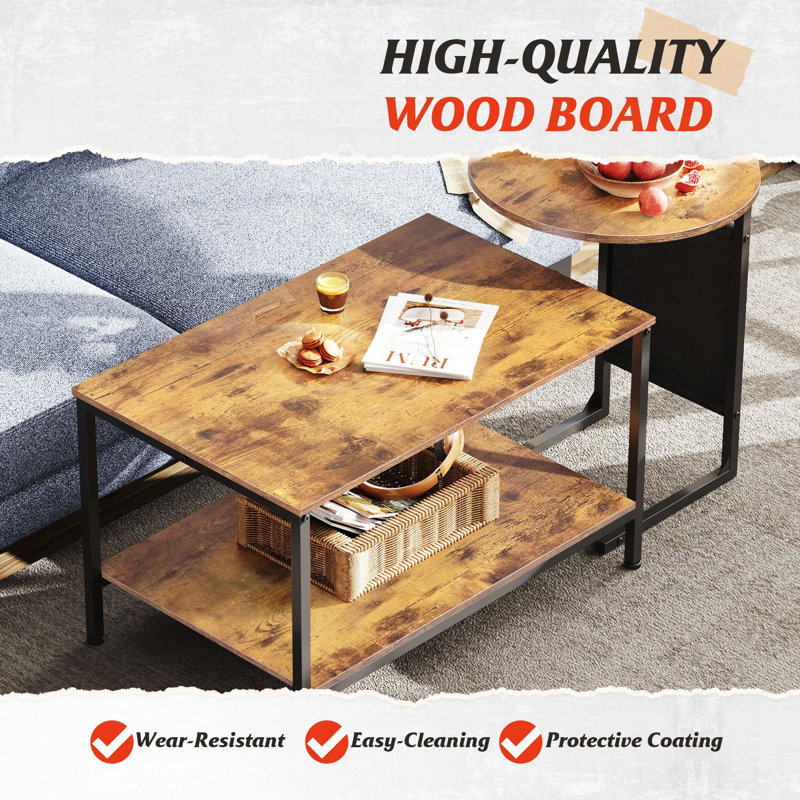 Set Of 2 C-Shaped Side Tables With Storage And 2-Tier Coffee Table, Steel And Wood, Customizable Living Room Layout