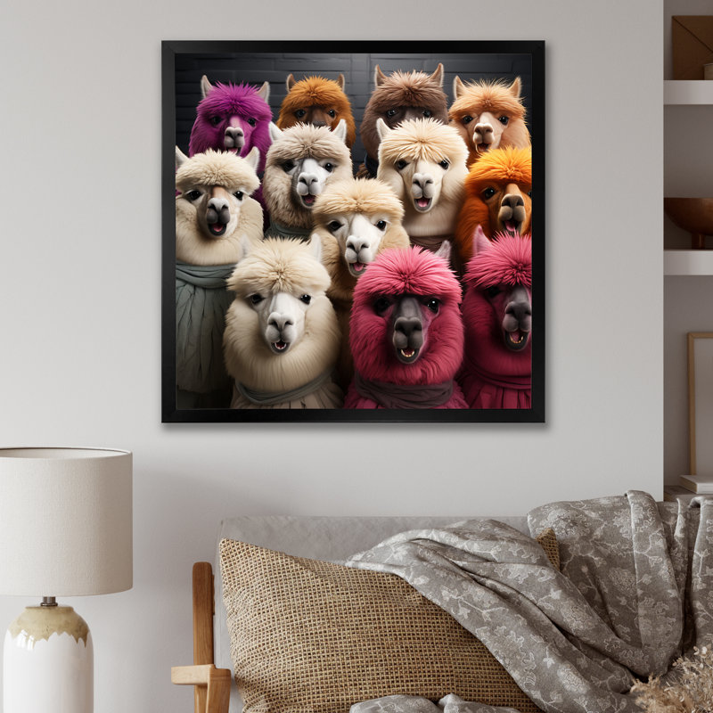Cheerful Alpaca Family Portrait II - Boho Tiles, art mural, Cadre simple noir, H 30 po x l 30 po x P 1,5 po
