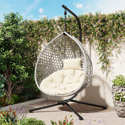Sturdy Hammock Chair With Stand, Durable Hanging Egg Chair With Rattan Weaving ,Comfortable Indoor Outdoor Swing  Chairs With Soft Removable Cushion,Suitable For Balcony, Bedroom,Or Garden