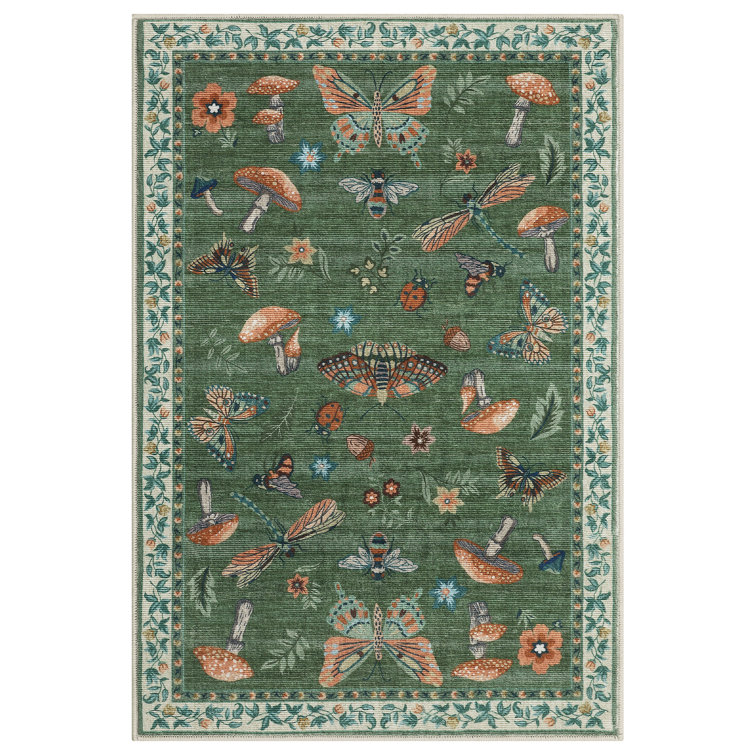 Floral Machine Washable Rug with Non-Slip Backing, Soft Thin Low Pile Non Shedding Floor Carpet, Indoor Foldable Printed Accent Mat for Living Room/Nursery/Bedroom