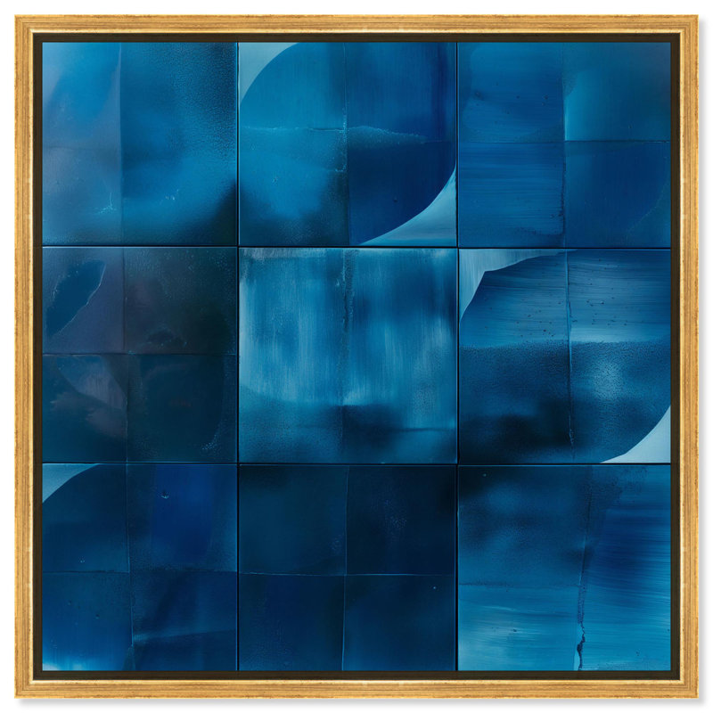 Toile à reflets indigo, art abstrait bleu par Art Remedy, Cadre flottant doré, H 17 po x l 17 po x P 1,8 po