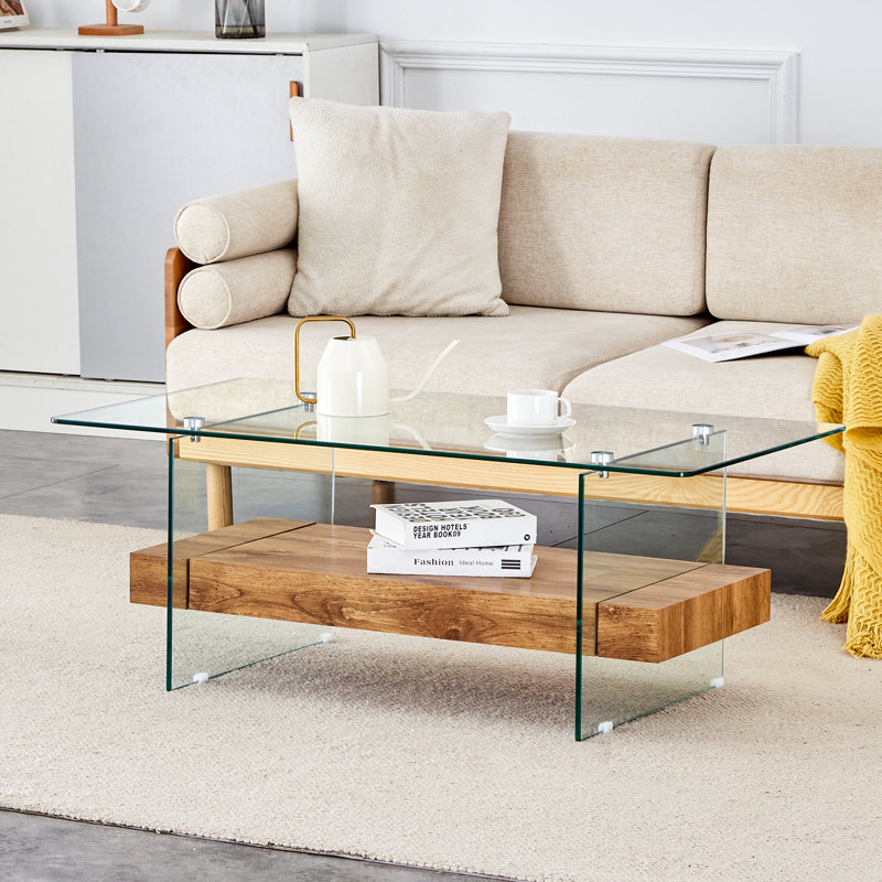  Table basse 43,3 po à deux niveaux en verre avec tablette en bois clair, table d'appoint ou présentoir, bois clair
