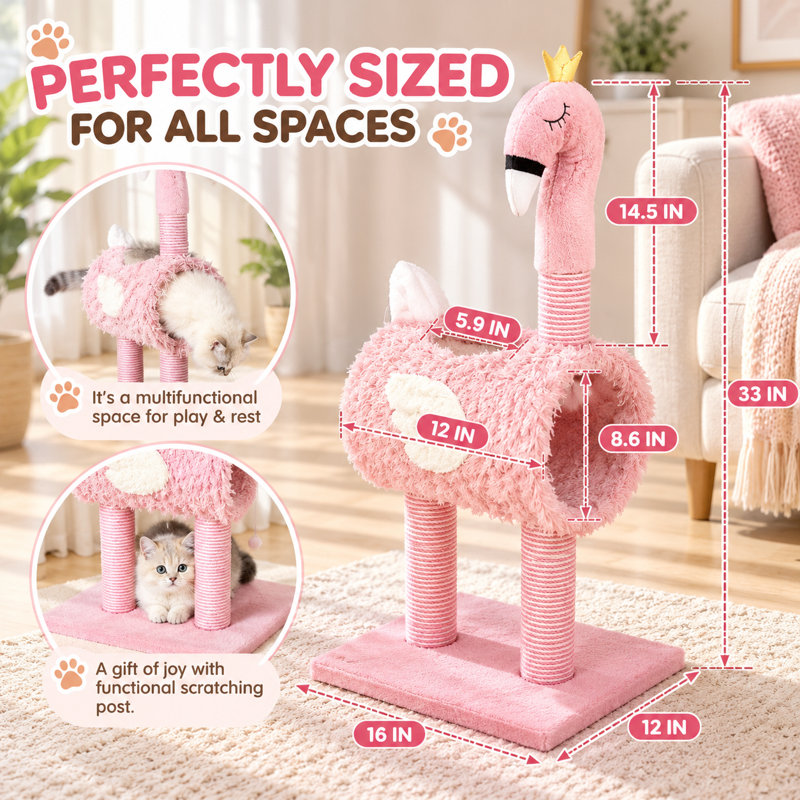 Flamingo Shaped Cat Scratching Post Tower with Sisal Posts and Plush Cat Tunnel House for Indoor Kittens
