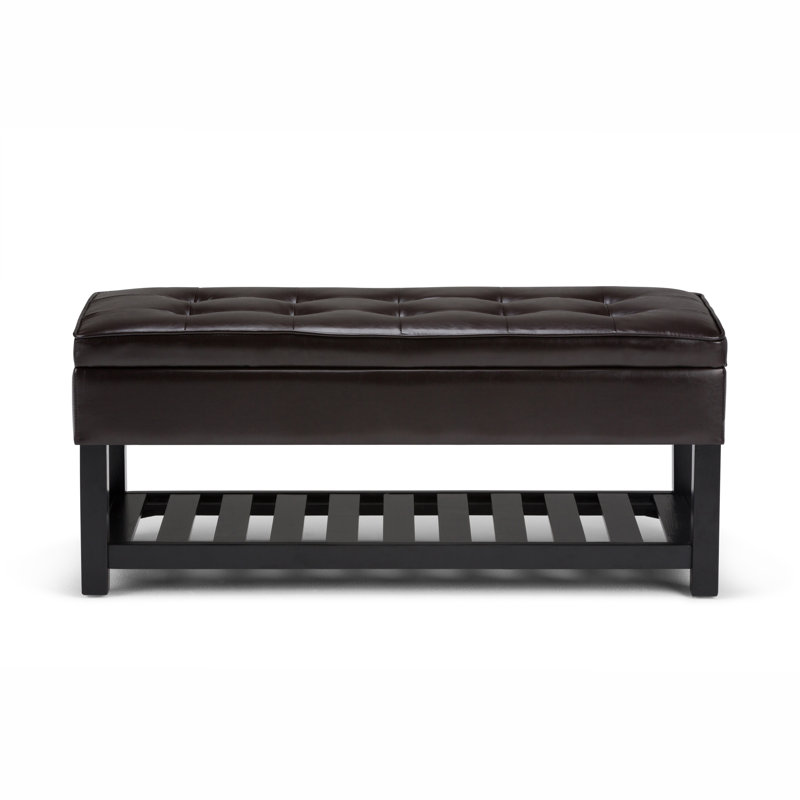 Cosmopolitan 44"W Vegan Leather Transitional Storage Ottoman Bench with Tufted Lift-Top and Open Shelf, Dark Brown