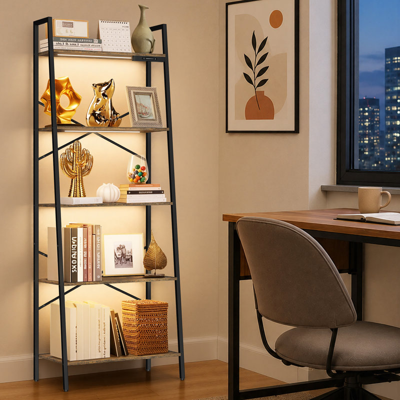 5-Tier Metal Ladder Bookcase with Lighting, Brown