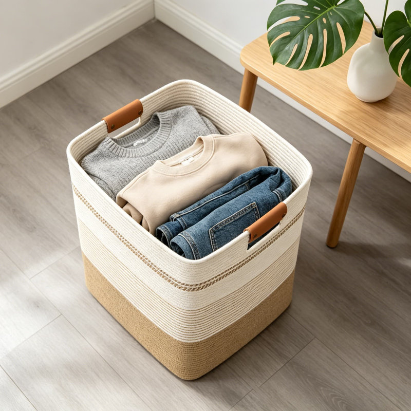 Cotton Woven Laundry Hamper, Tall Laundry Basket with Leather Handles, Rectangle Clothes Organizer for Bedroom, Nursery, Living Room