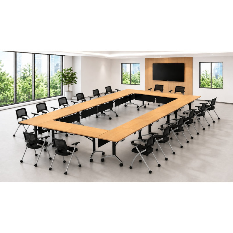 16 tables de formation pliables pour 16 personnes, extra longues pour les colloques et les conférences avec plateau épais, couleur hêtre, pieds pliables et boîtes électriques intégrées, y compris les chaises de travail gigognes pliables.