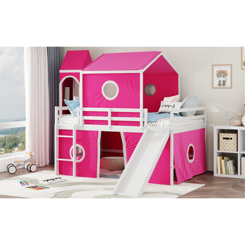 Lit mezzanine double rose avec glissade et tour inspirée en bois massif