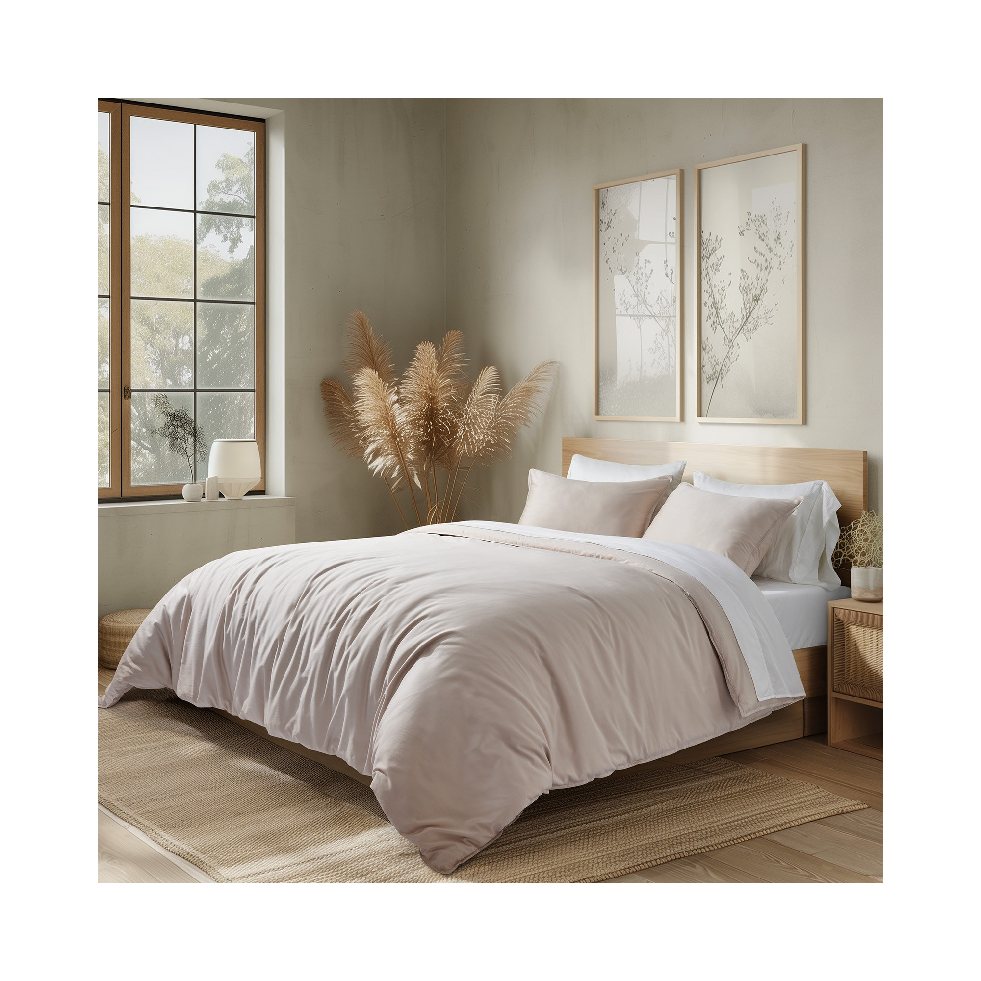Cotton Tencel Duvet Cover Set, Queen Duvet Cover + 2 Queen Shams, Beige Sand