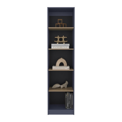 Bibliothèque compacte à 5 niveaux Home Xs, compacte et élégante pour le salon, la chambre à coucher ou le bureau, chêne naturel et bleu