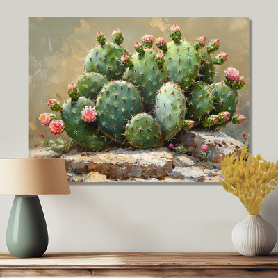 Green Pink Flowering Cactus Glow I - Floral Cactus Wall Decor