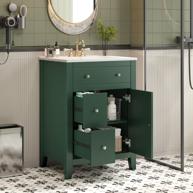 Meuble-lavabo de salle de bain avec lavabo, 2 tiroirs et porte à fermeture douce, Vert