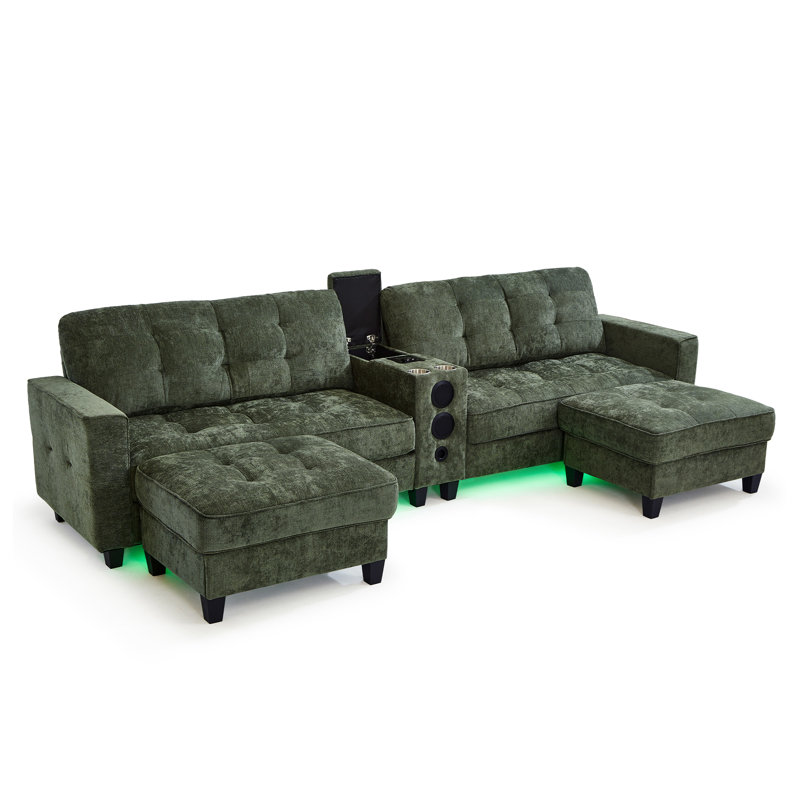 Modern Sectional Sofa 126" U-Shaped Sectional Sofa Modular Sectional Couch With Movable Storage Ottomans, Multifunctional Console, Bluetooth Speakers And LED Lights For Living Room, Green