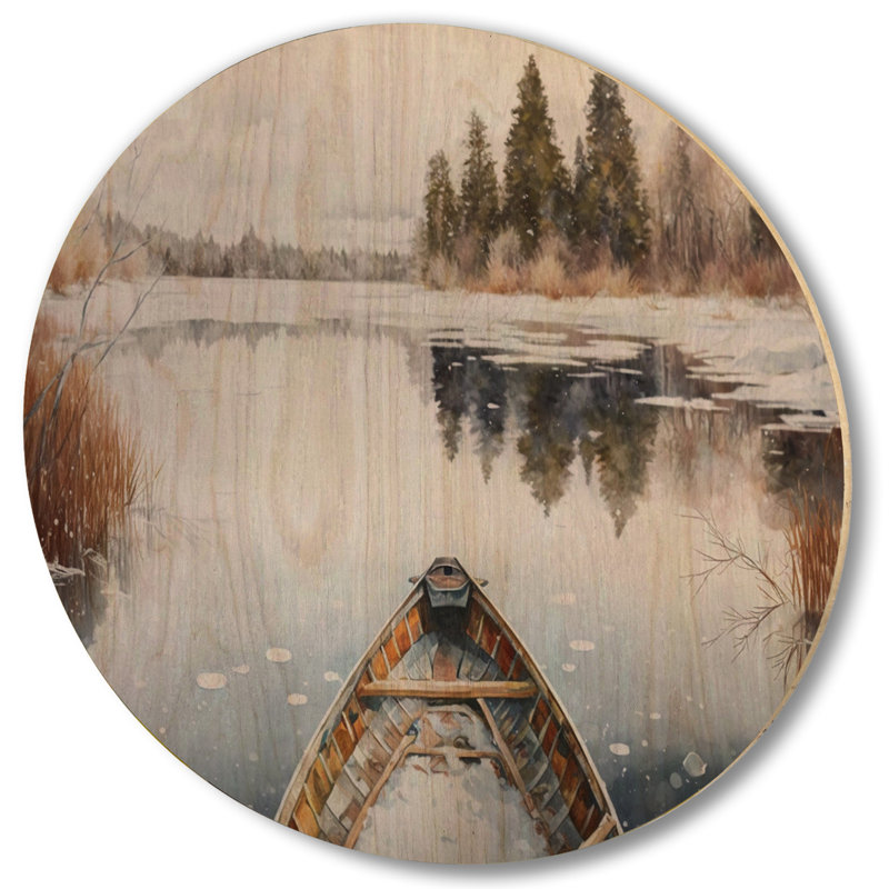 «Winter Canoe Scenery II», art mural bois de campagne / bois de pin naturel, H 29 po x l 29 po x P 1 po