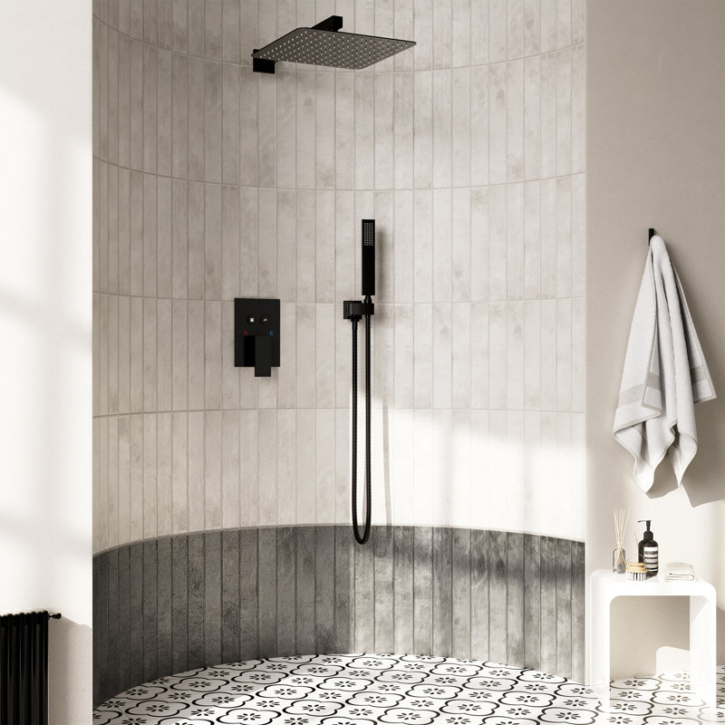 Système de douche mural de 12 pouces avec douchette et douchette, commande à bouton-poussoir, débit d'eau simultanément