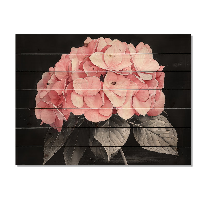 Hortensias avec une douce floraison de roses I - décoration murale en bois d'hortensias - sur bois de pin naturel