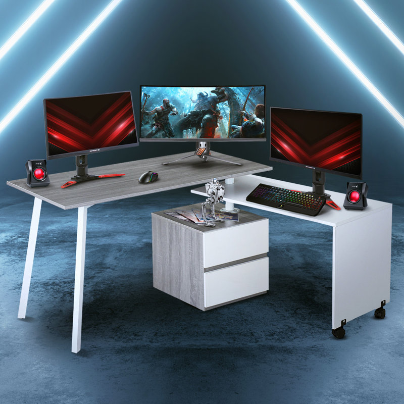 Grey and White Corner Computer Desk with Drawer and Keyboard Tray