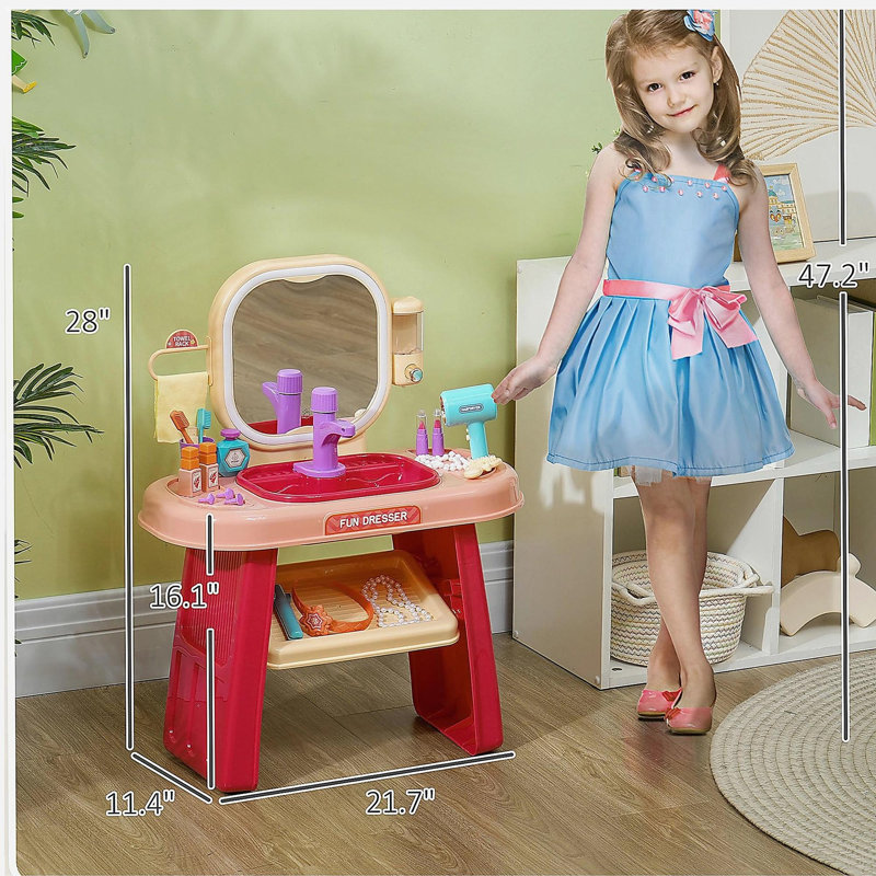 Qaba  Vanity Set, Toddler Makeup Table with Faucet, Mirror, LED Light, Music, 23 Accessories, Pretend Play Set for Girls 3-6 Years, Pink