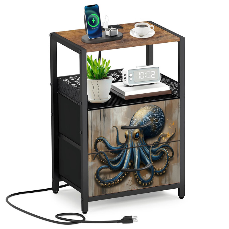 Table de chevet 2 tiroirs en tissu avec station de charge Octopus bleu et or