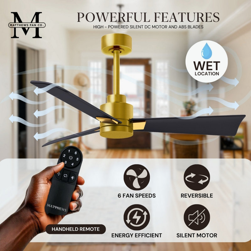 Alessandra Outdoor Downrod Ceiling Fan, Matte Black, Brushed Brass