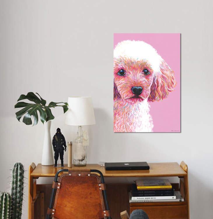 « caniche on rose » par kirstin en bois, impression sur toile, H 32 po x l 24 po x P 1 po, Papier d'art encadré noir, Blanc