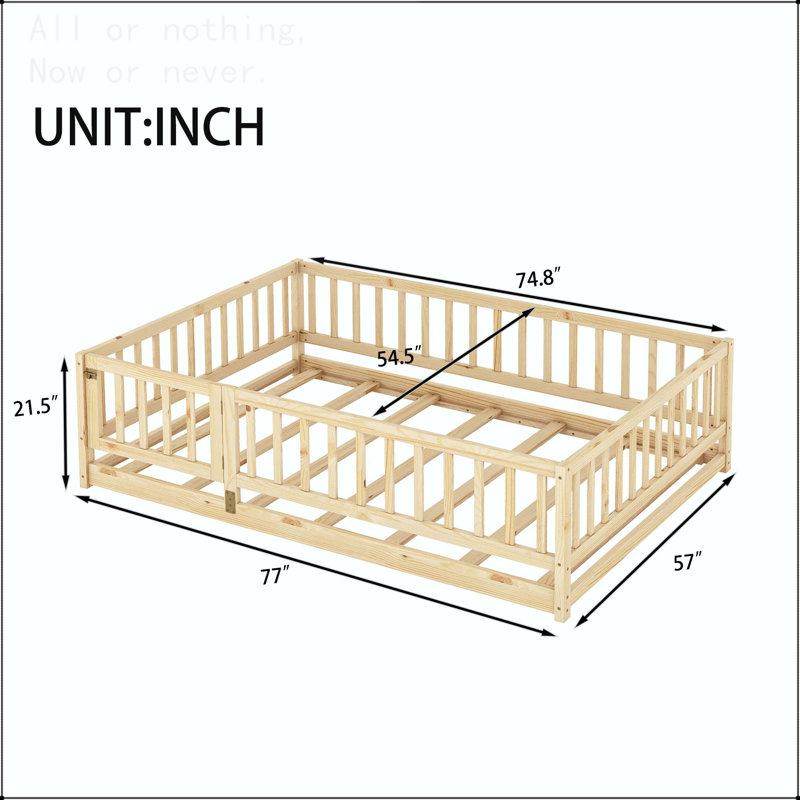 Lit double sur pied Montessori avec clôture, porte et lattes, Lit double, Oak