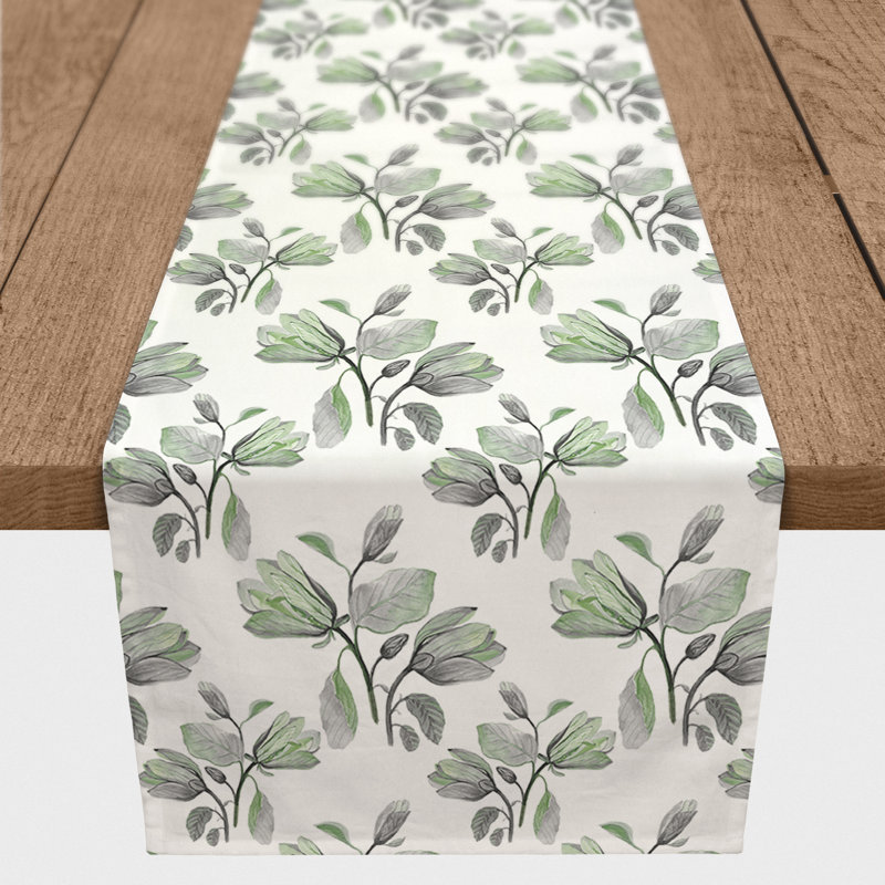 Watercolor Floral Blossoms Gray 5 Table Runner, Green