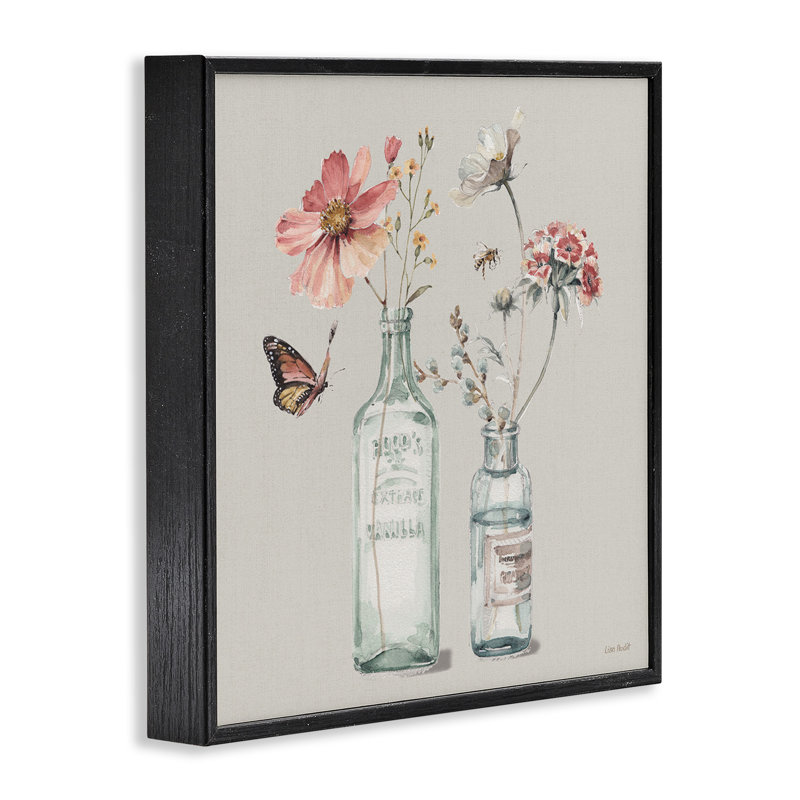 «Flower Jar Butterfly Bee Peinture», impression sur toile, Giclée encadrée noir minuit, H 12 po x l 12 po